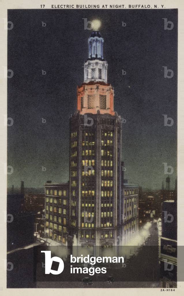 Electric Building at night, Buffalo, New York, USA (coloured photo)