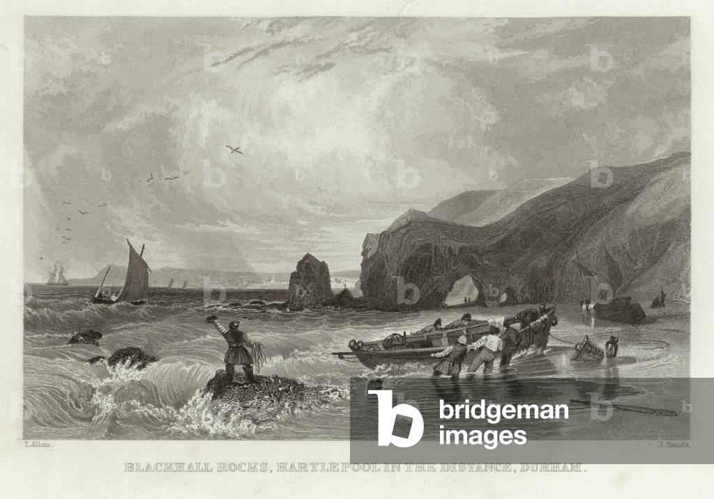 Blackhall Rocks, Durham, with Hartlepool in the distance (engraving)