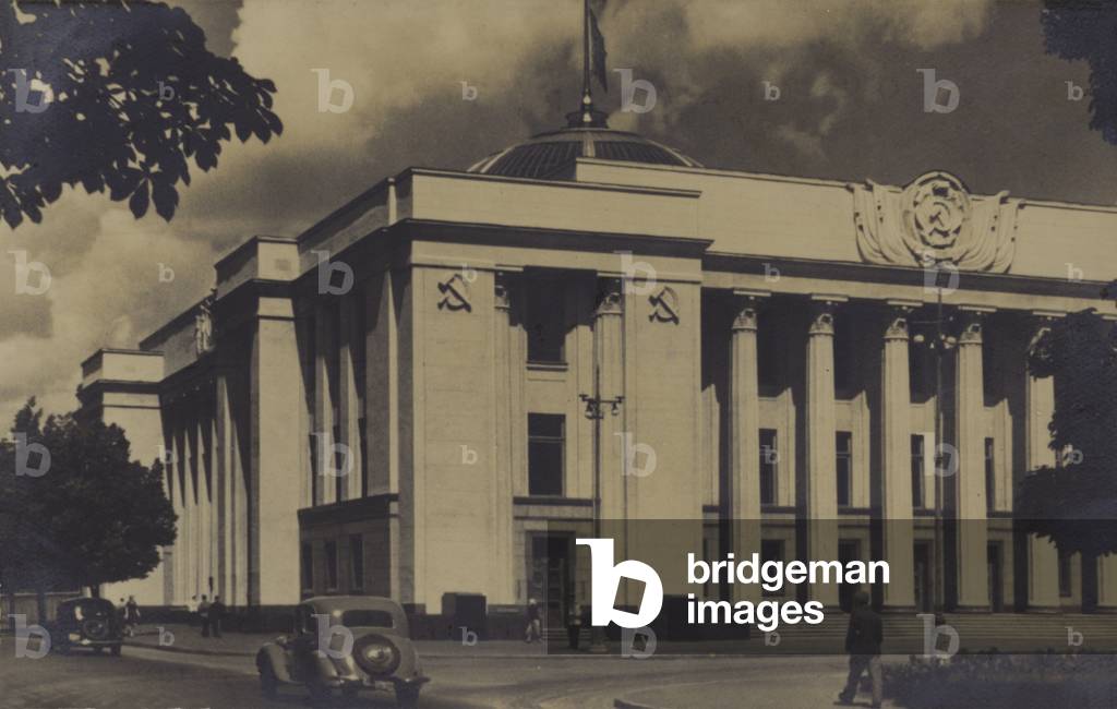 Building of the Supreme Soviet of Ukraine, Kiev, USSR, late 1930s (b/w photo)