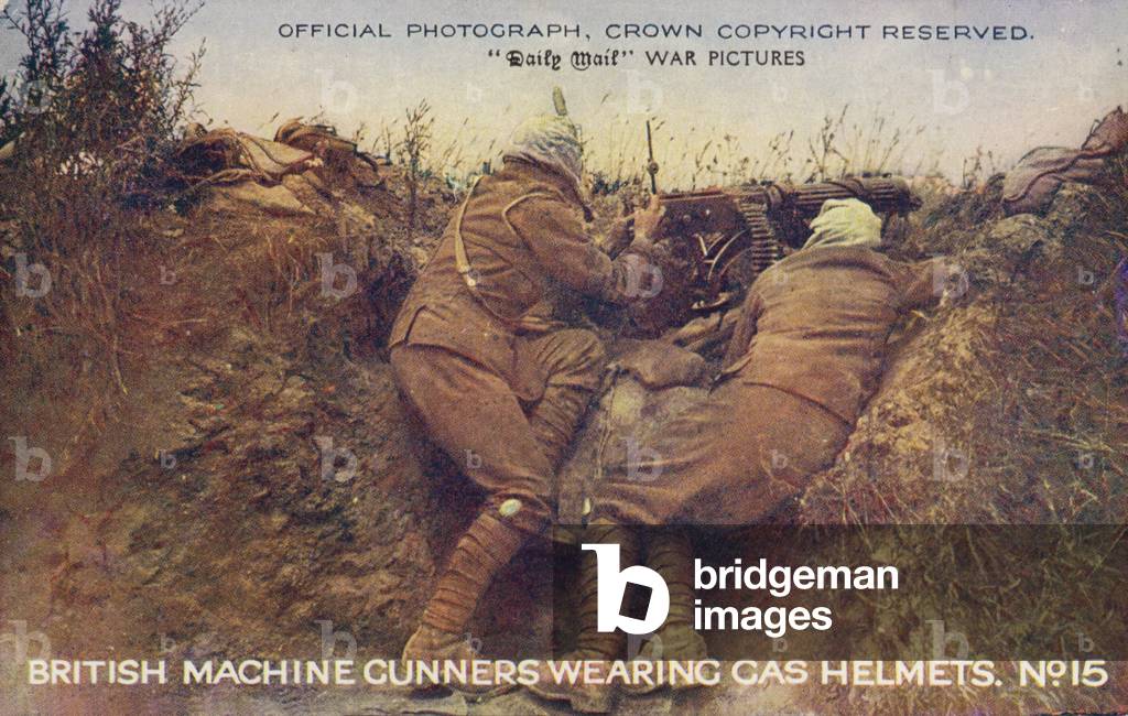 British machine gunners wearing gas helmets, World War I (coloured photo)