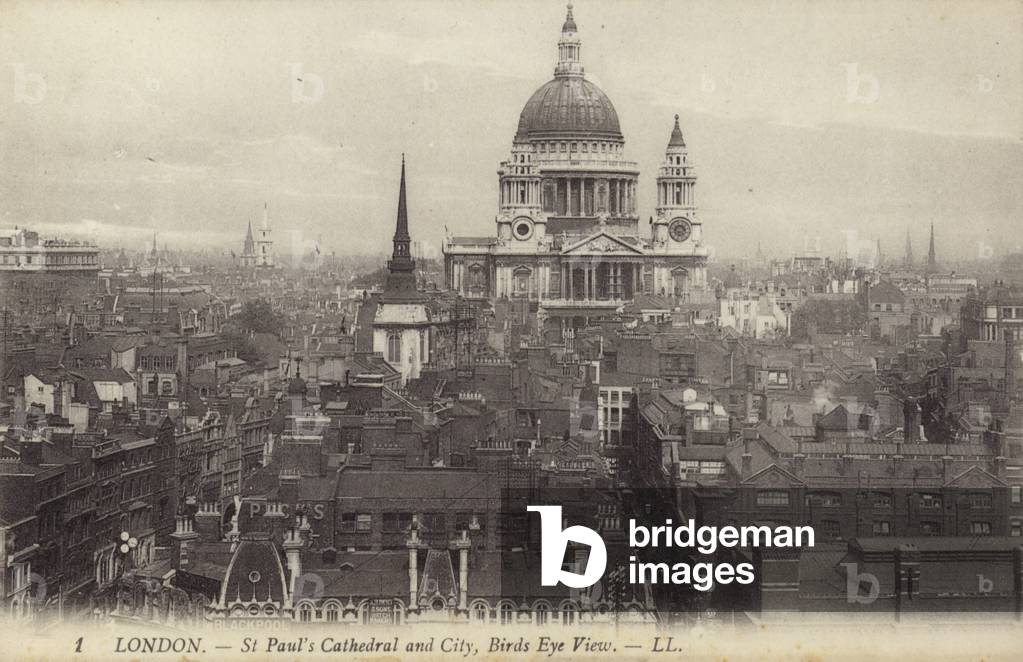 St Paul's Cathedral and City, Birds Eye View of London (b/w photo)