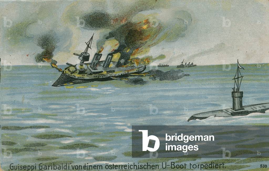 Sinking of the Italian cruiser Giuseppe Garibaldi by the Austrian submarine U-4, World War I, 18 July 1915 (colour litho)