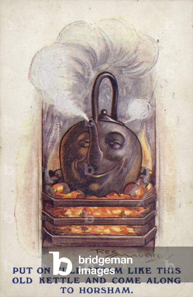 Put on full steam like this old kettle and come along to Horsham (colour litho)