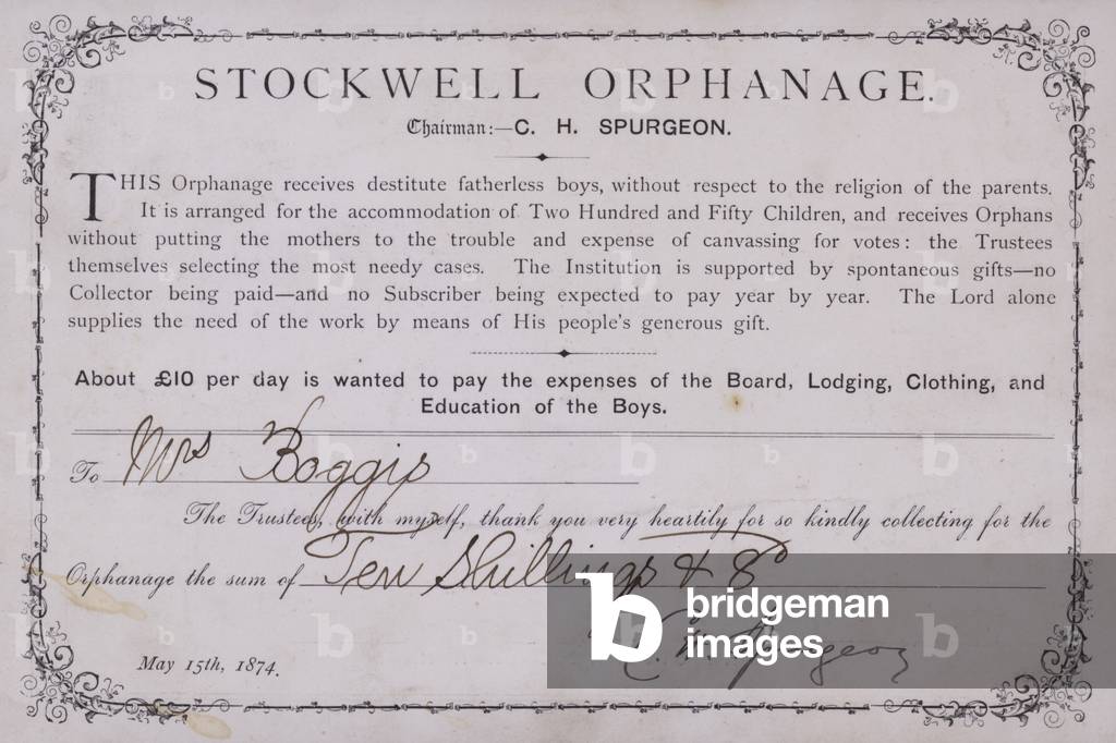 Certificate of thanks for a donation to the Stockwell Orphanage, London, 1874 (litho)