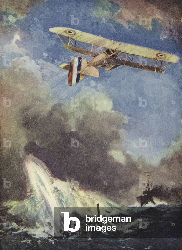 A seaplane bombing a submarine (colour litho)