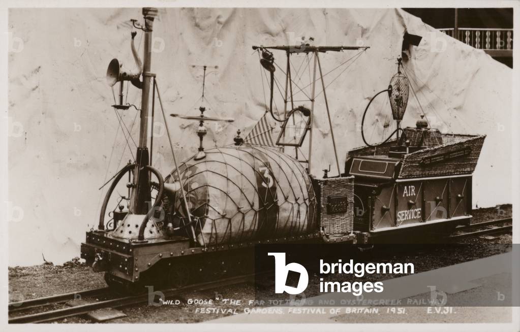 Miniature railway locomotive, Festival of Britain, 1951 (b/w photo)