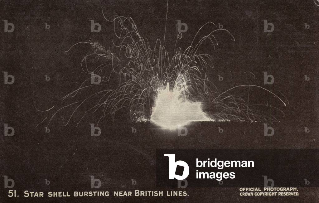 Star shell bursting near British lines, World War I (b/w photo)