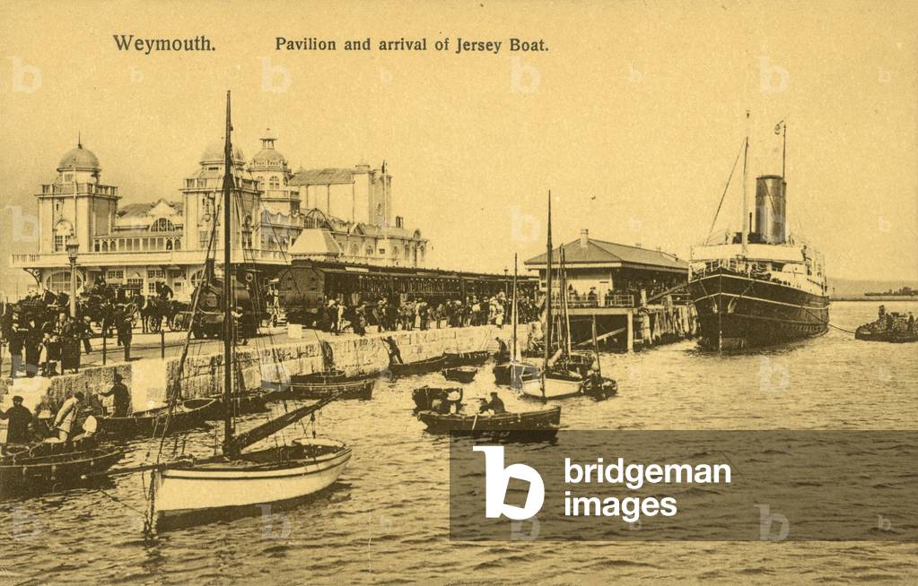 Weymouth, Pavilion and arrival of Jersey Boat (b/w photo)
