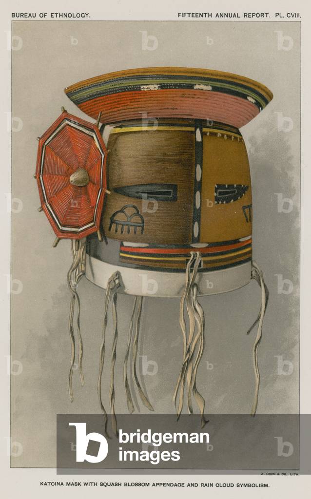 Katcina Mask with Squash Blossom Appendage and Rain Cloud Symbolism (colour litho)