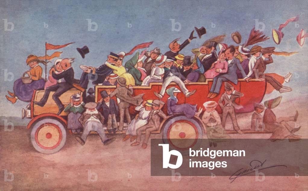An overcrowded charabanc (colour litho)