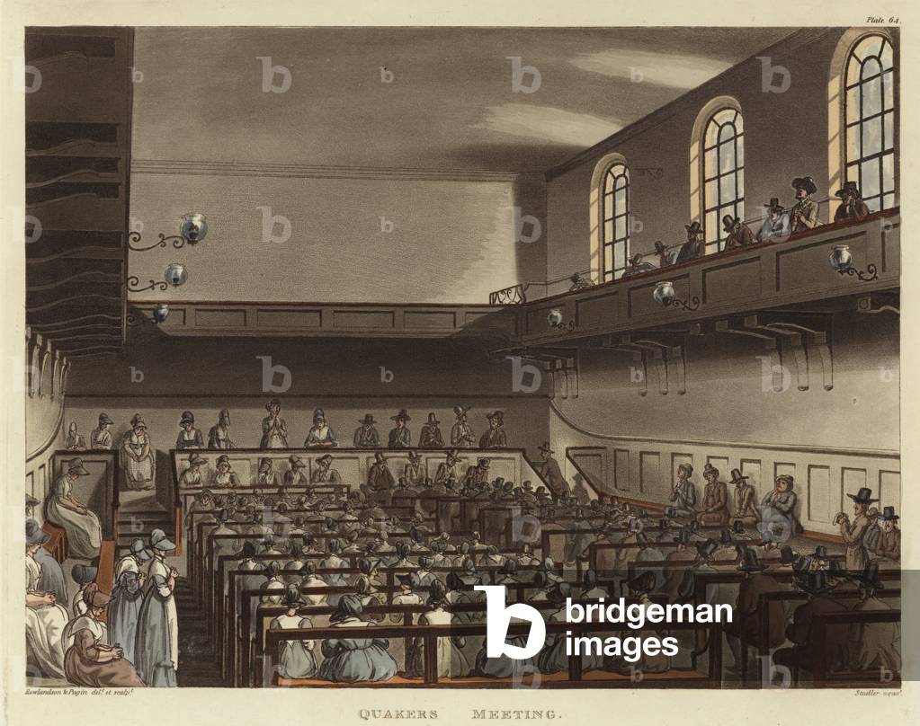 Quakers meeting (coloured engraving)