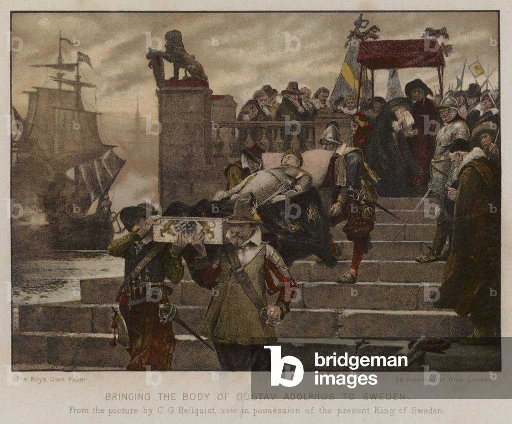 Bringing the body of Gustav Adolphus to Sweden, 1632 (colour litho)