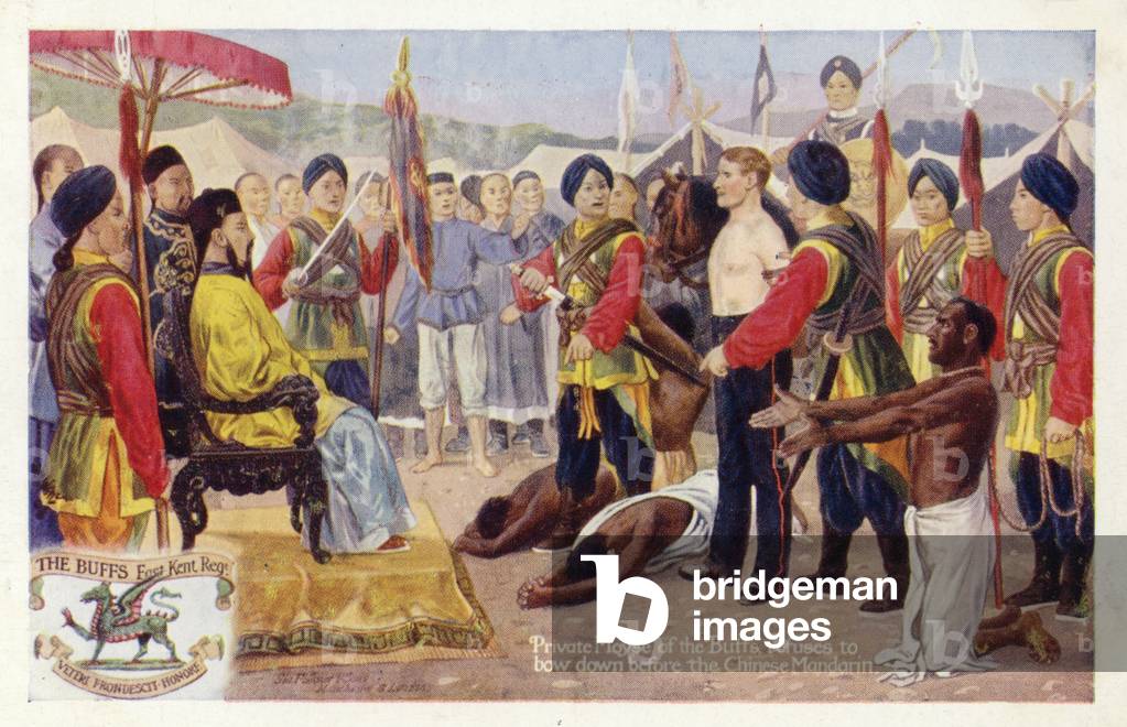 Private Moyse of the Buffs refuses to bow down before then Chinese Mandarin (colour litho)