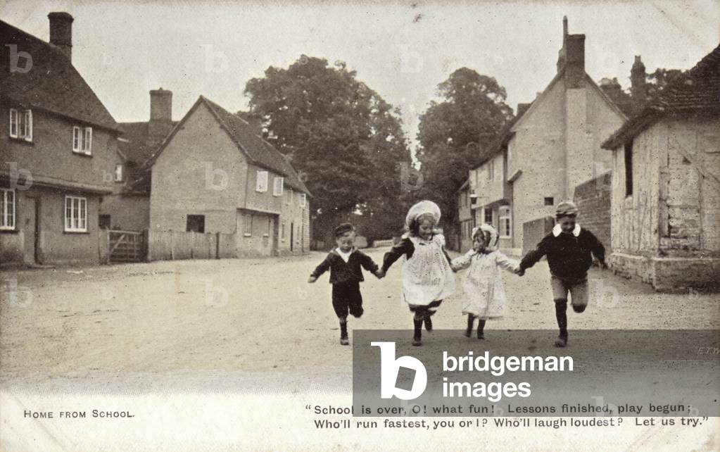 Group of young children running home from school (b/w photo)