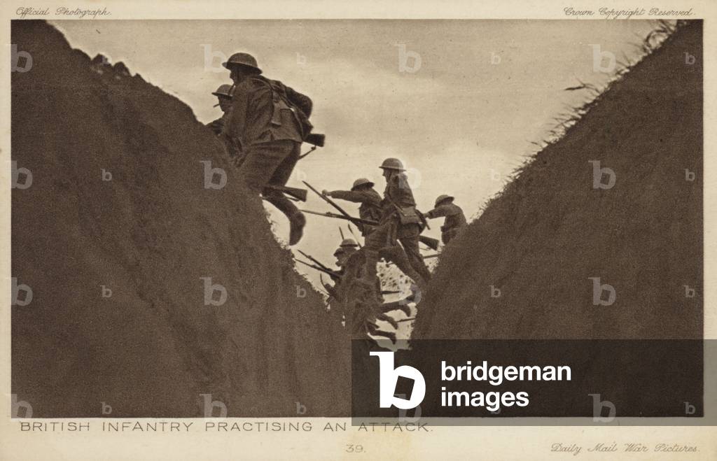 British infantry practicing an attack, World War I (b/w photo)