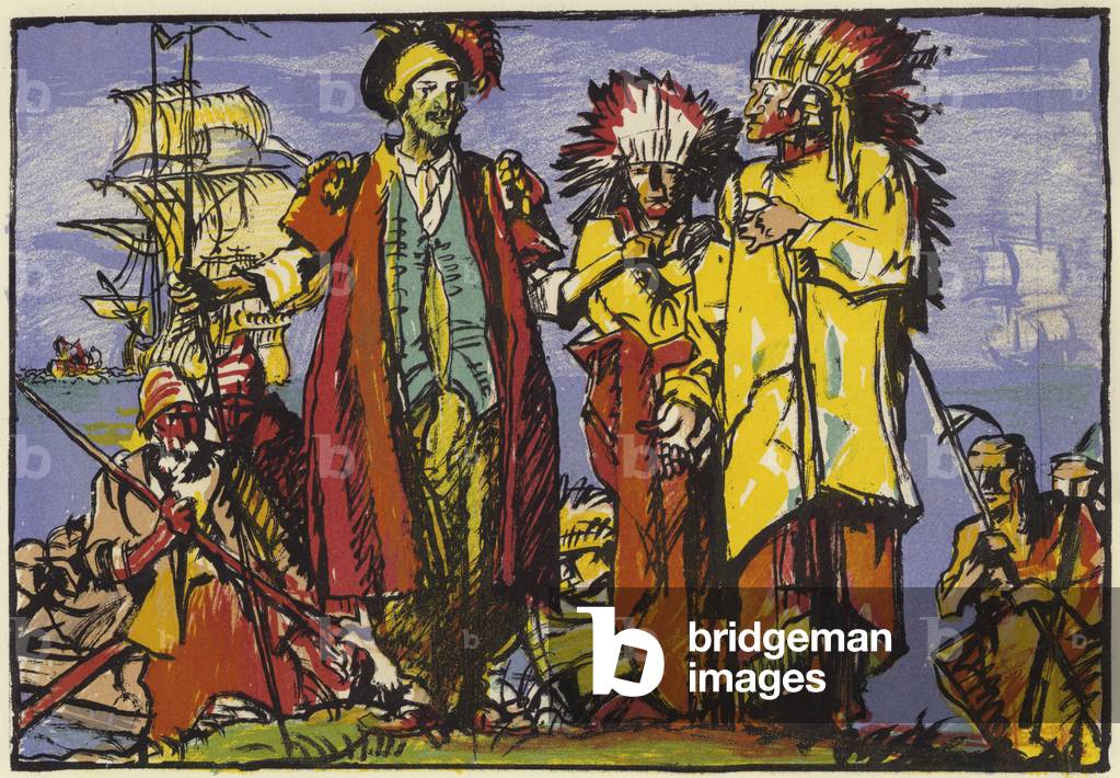 English navigator Sir Walter Raleigh in the New World (colour litho)