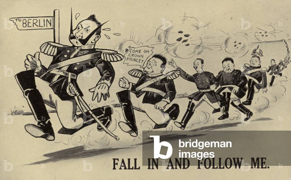 Kaiser Wilhelm II running back to Berlin with his soldiers following (litho)