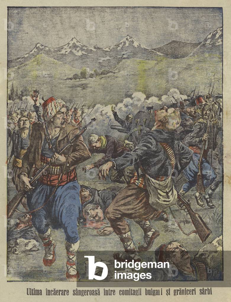 Bloody battle between Bulgarian and Serbian troops, 1915 (colour litho)