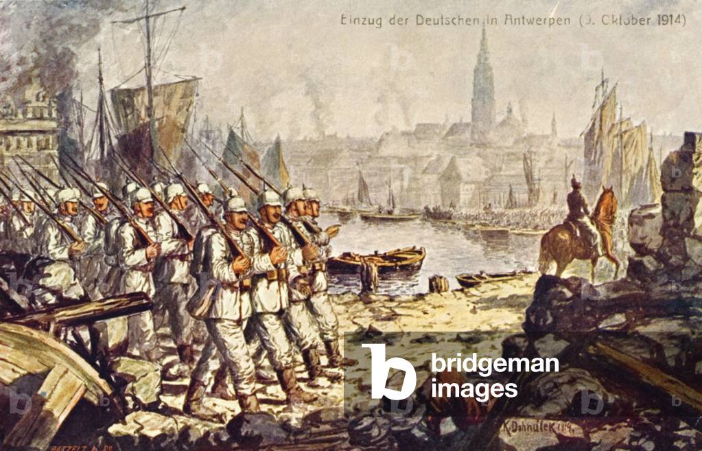 German soldiers marching into Antwerp, Belgium, World War I, 9 October 1914 (colour litho)