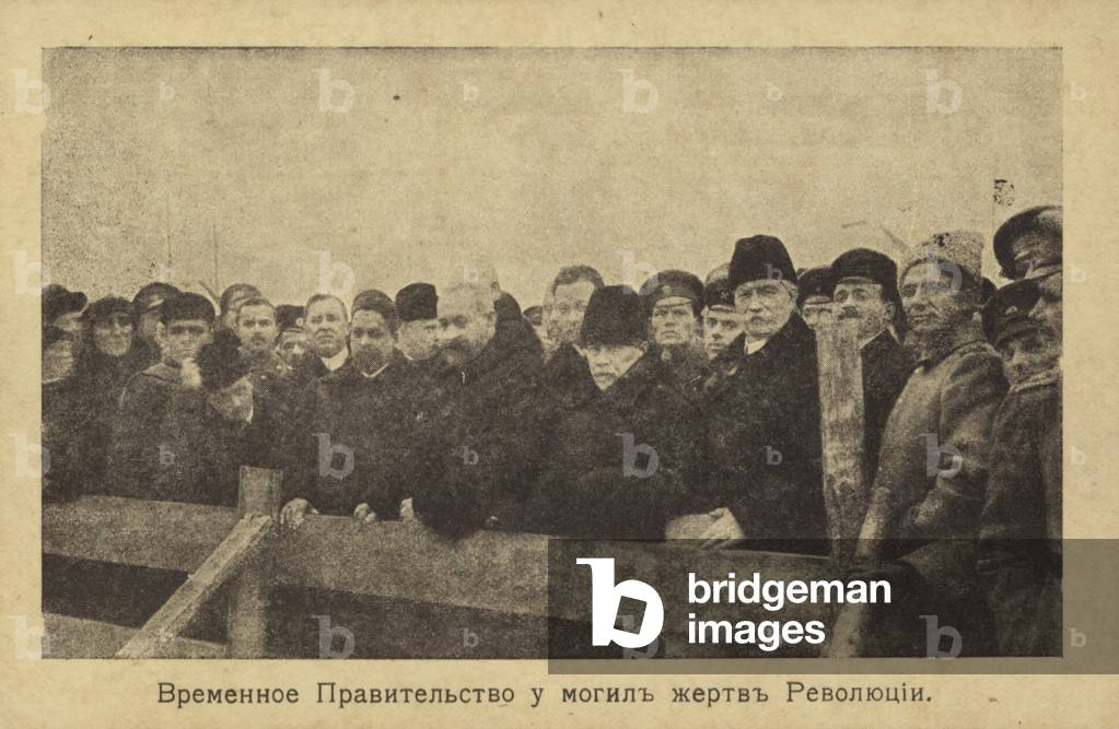 Members of the Russian Provisional Government at the graves of victims of the February Revolution, 1917 (b/w photo)