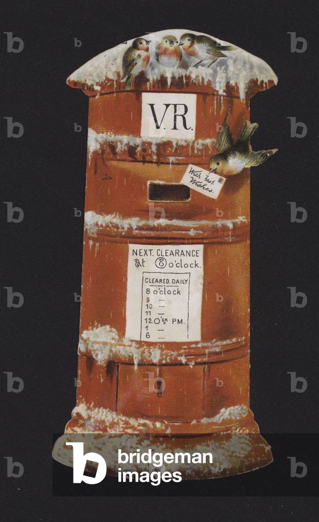 Robin posting a letter into a postbox (chromolitho)