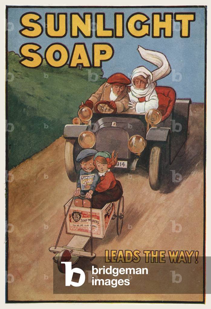 Two children in a soap box cart leading a car down a hill: advertisement for Sunlight soap (colour litho)