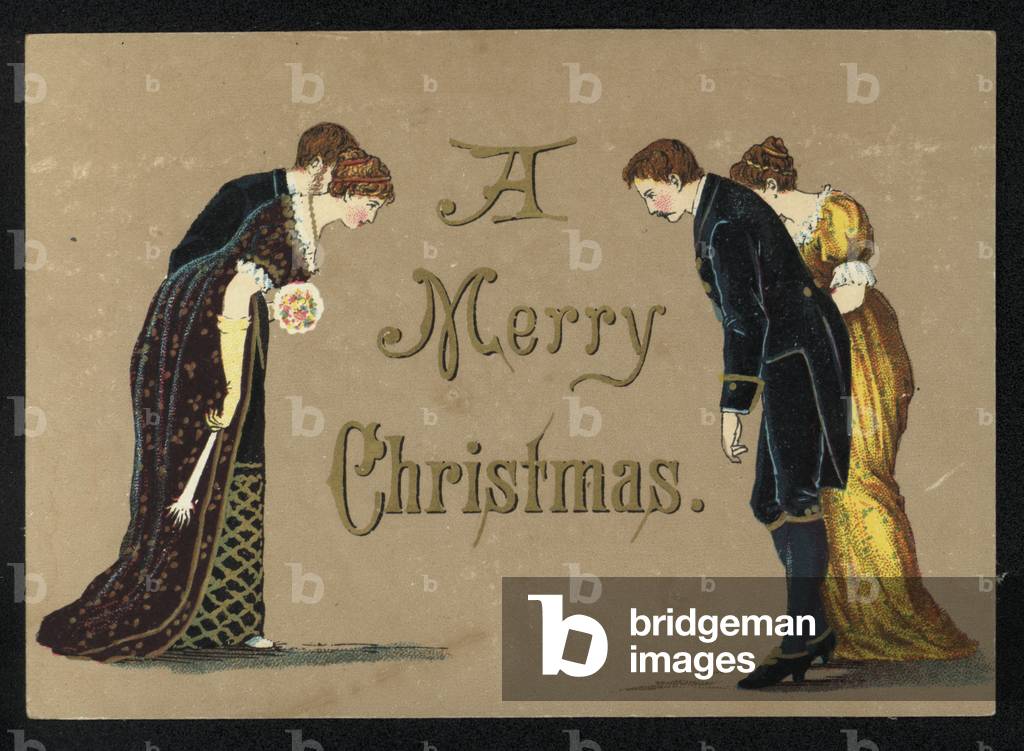 Two couples in evening wear bowing to each other, Christmas greetings card (chromolitho)