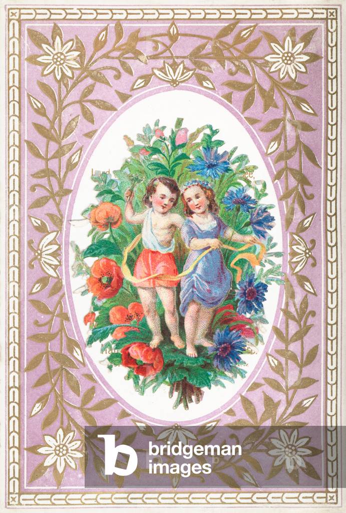 Young Girl and Boy with flowers and ribbons, card (chromolitho)