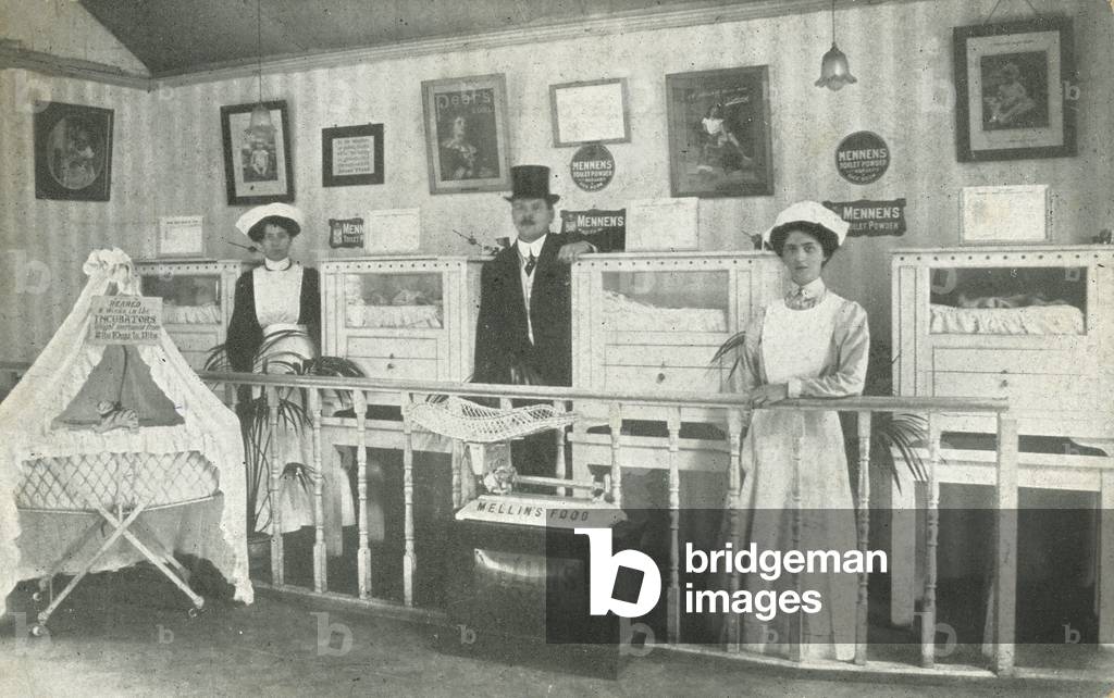 Retail stand for Mennen's talcum powder and Mellin's baby formula (b/w photo)