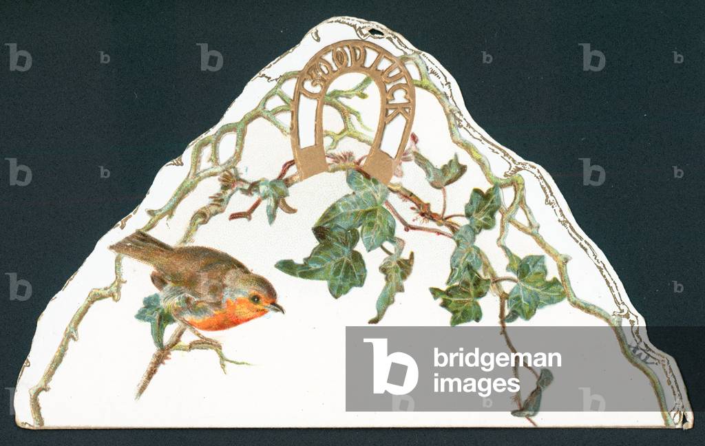 Robin and Good Luck Horseshoe, Christmas Card (chromolitho)