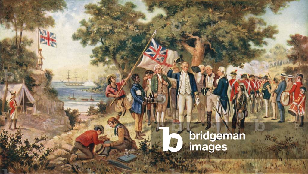 Captain Cook Taking Possession of the Australian Continent on Behalf of the British Crown, 1770 (colour litho)