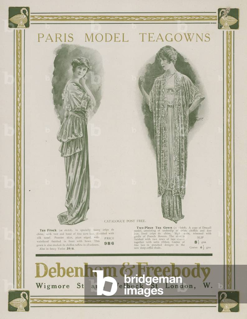 Advertisement for Paris model teagowns from Debenham & Freebody, London (colour litho)