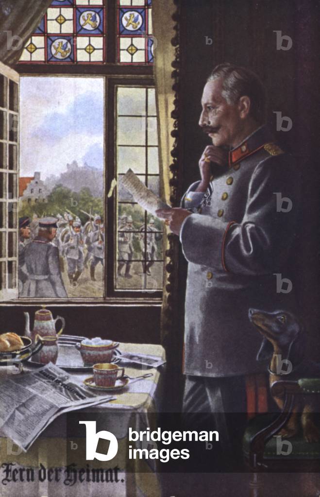 Far from home: Kaiser Wilhelm II watching German soldiers through a window (colour litho)