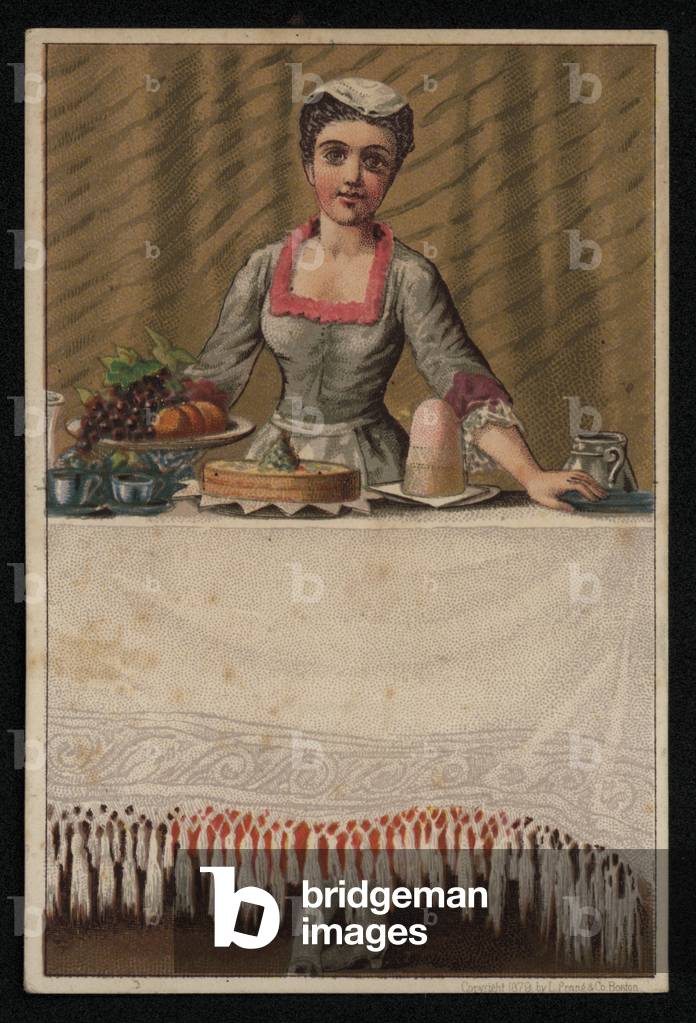 A maid or serving girl laying a table with food, greetings card. (chromolitho)