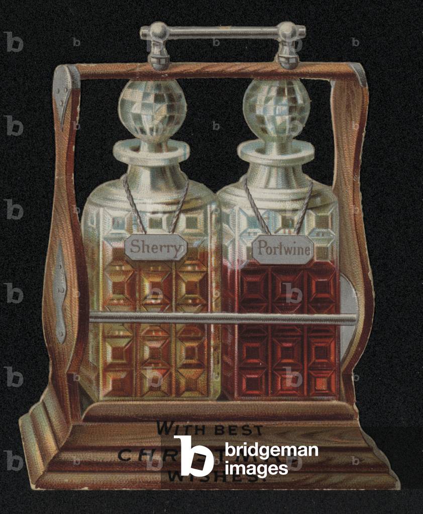 Sherry and port wine decanters, Christmas greetings card (chromolitho)
