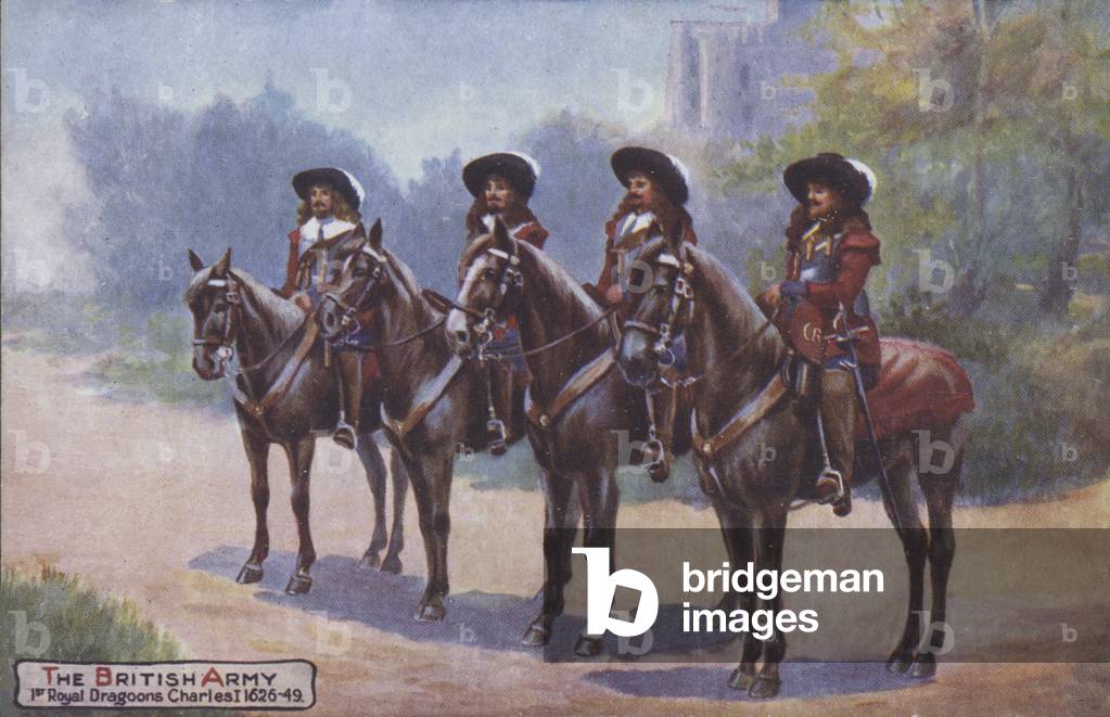 Four soldiers of the 3rd Hussars during the reign of King Charles I,1626-1649 (colour litho)