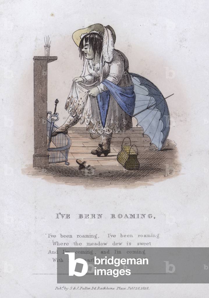 I've Been Roaming: woman with muddy stockings and skirt after taking a walk in a wet meadow, 1828 (coloured engraving)