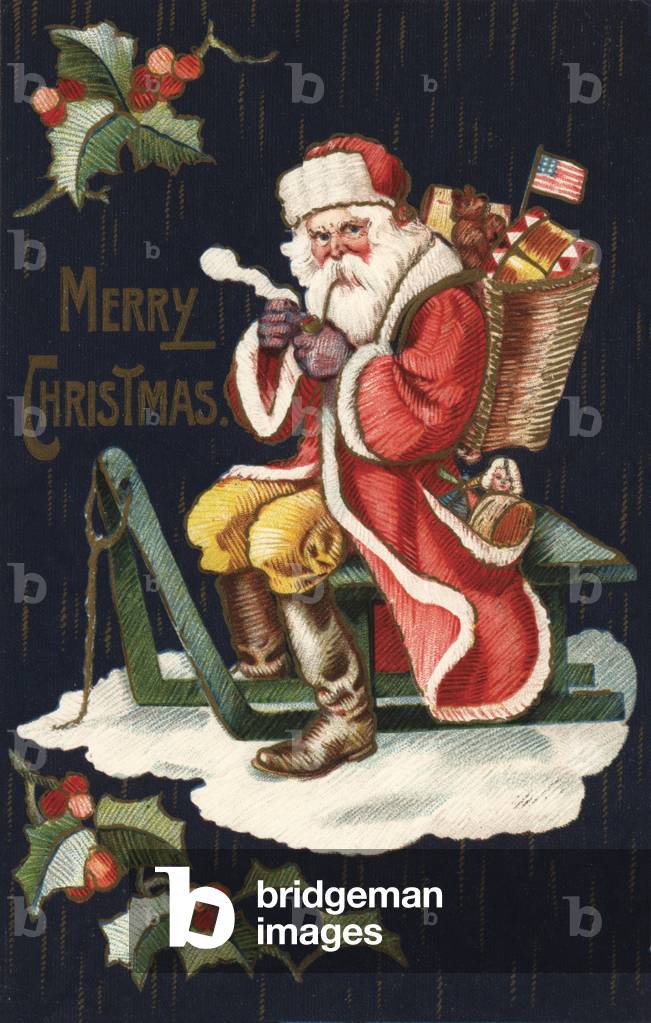 Christmas card, Santa Claus on sleigh, with back of presents, sporting Stars and Stripes flag (colour litho)