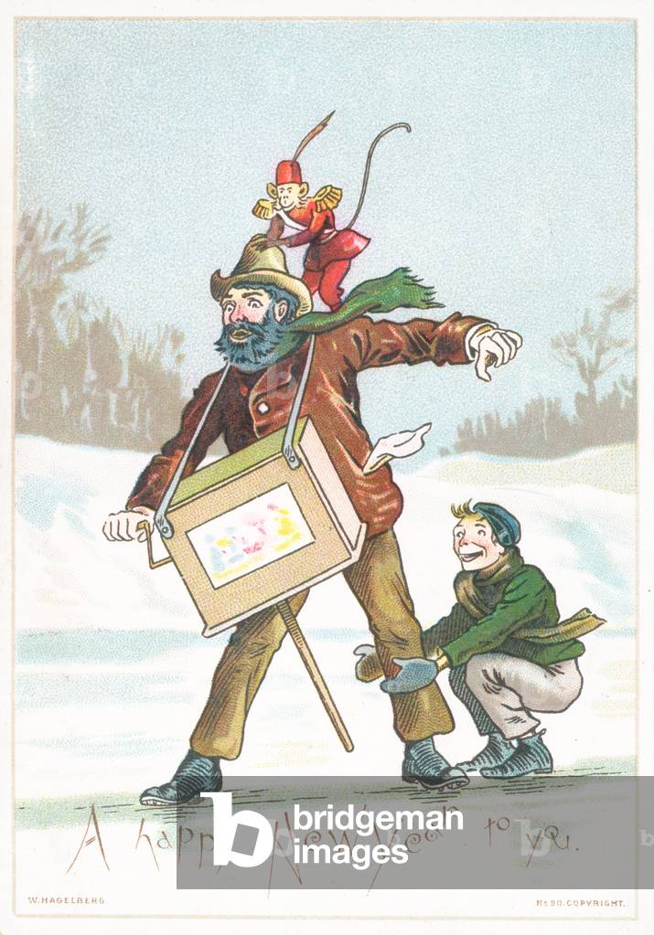 Man, boy and monkey slipping on ice, New Year Card (chromolitho)