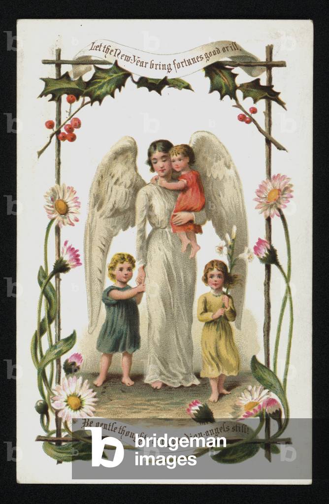 Children with their guardian angel, New Year's greetings card. (chromolitho)