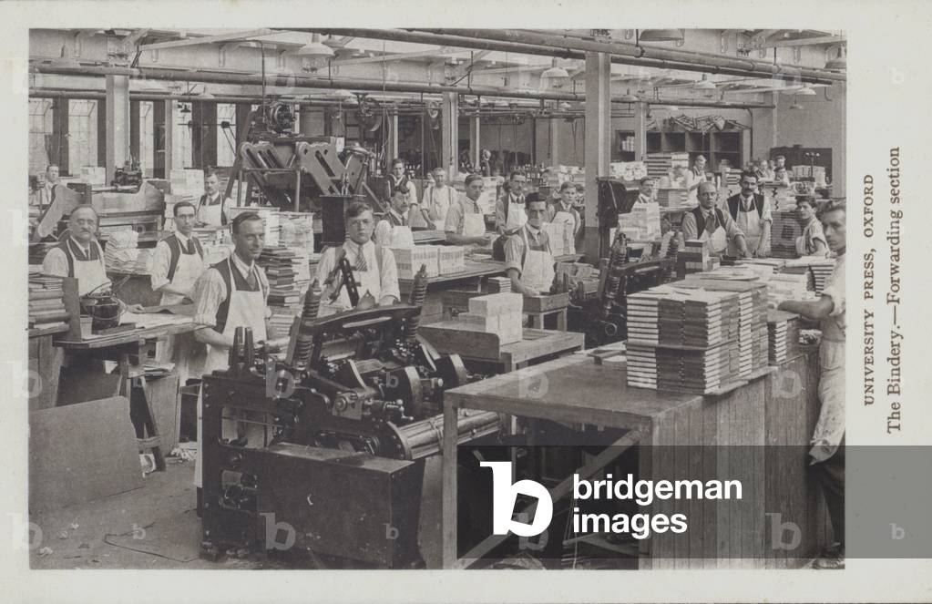 The forwarding section of the bindery at the Oxford University Press. (b/w photo)
