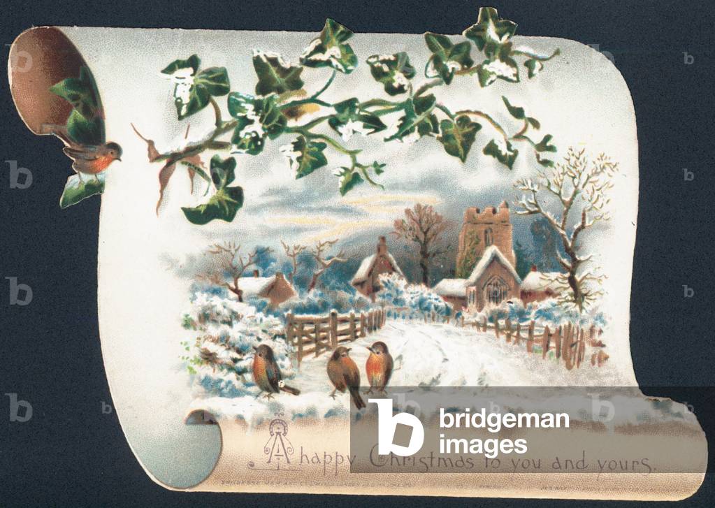 Snow scene with Robins and Church, Christmas Card (chromolitho)