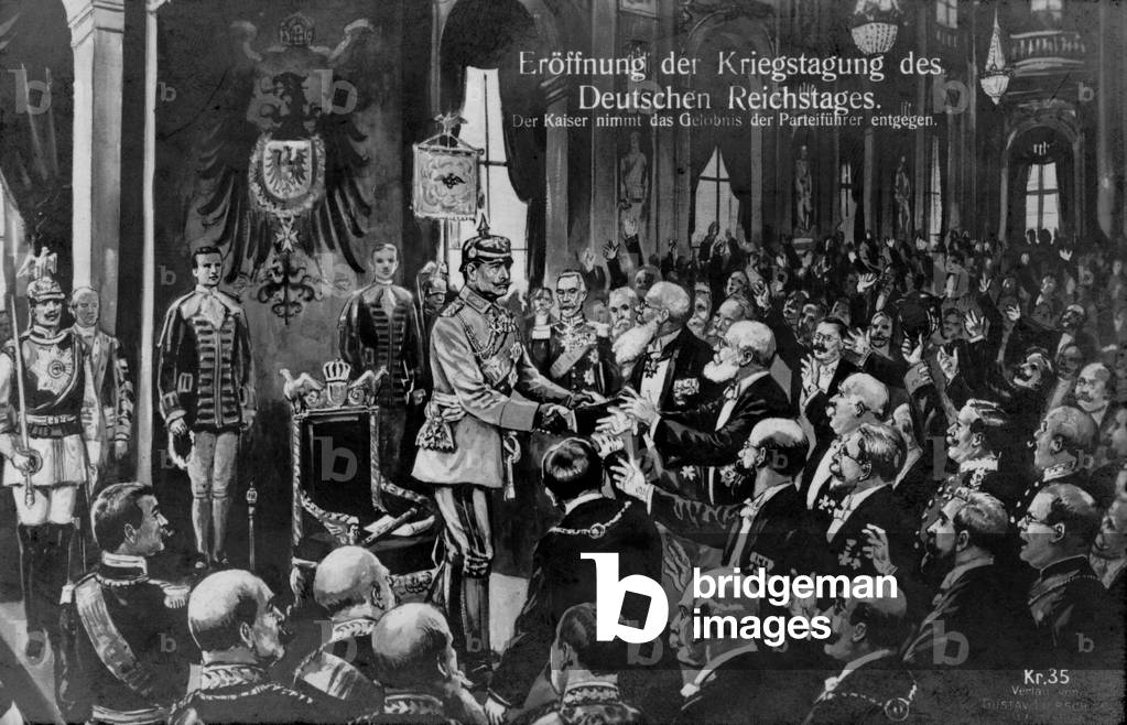 Opening of the war conference of the German Reichstag - Kaiser Wilhelm II receiving the oaths of the party leaders (litho)