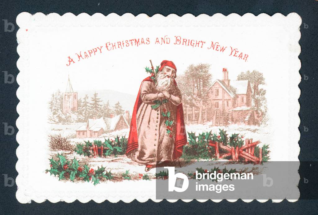Santa in snowy field, Christmas Card (chromolitho)
