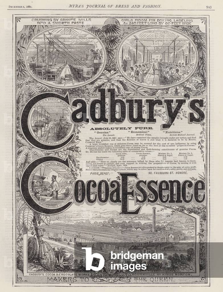 Advertisement for Cadbury's Cocoa Essence (engraving)