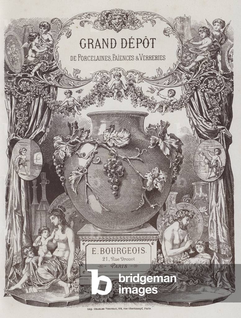 Frontispiece to the catalogue of the Grand Depot de Porcelaines, Faiences et Verreries (colour litho)