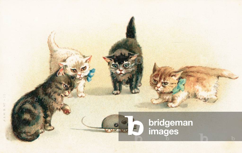 Four kittens playing with a clockwork mouse (colour litho)