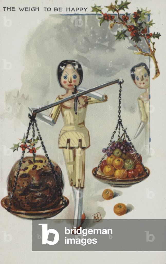 Christmas greetings card depicting a doll weighing a Christmas pudding (chromolitho)