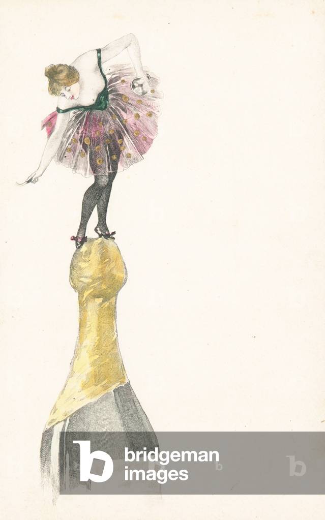 A woman standing on the top of a champagne bottle (colour litho)