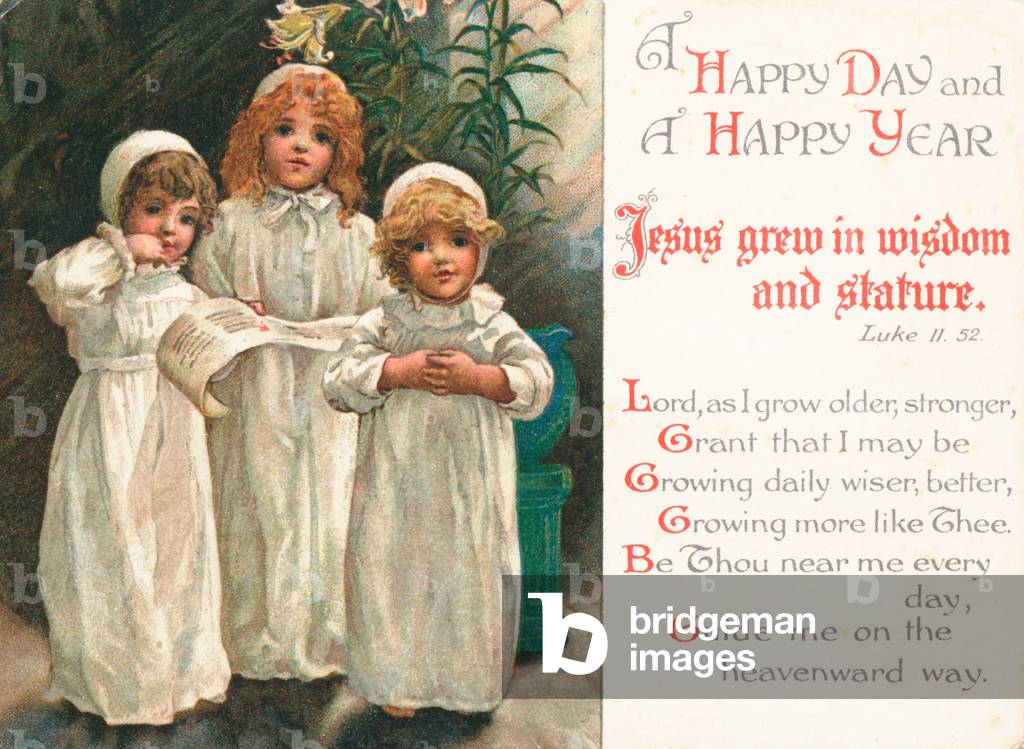 Girls saying prayers, Christmas Card (chromolitho)